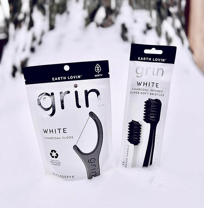GRIN White Charcoal Infused Flosspyx, 75 Count, Dental Flossers, Minty Flavor, Recycled Plastic, Charcoal Infused Floss Picks, Premium Longer Floss Head, Easy Slide, Includes Soft Fold-Back Tooth Pick