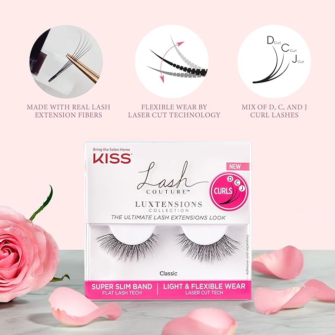 KISS Lash Couture LuXtensions Collection False Eyelashes, Flat Lash Technology, Super Slim Lash Band, Real Lash Extension Fibers, Reusable, Contact Lens Friendly Strip Lashes, Style 'Cashmere', 1 Pair