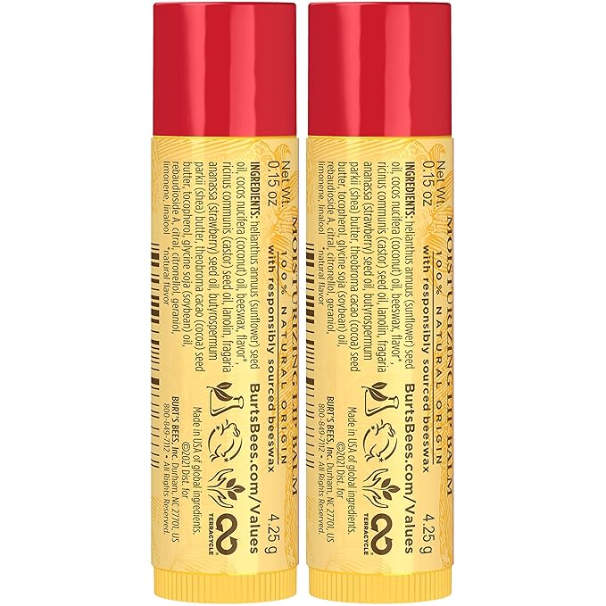 Burt's Bees Lip Balm - Strawberry, Lip Moisturizer With Responsibly Sourced Beeswax, Tint-Free, Natural Origin Conditioning Treatment, 2 Tubes, 0.15 oz.