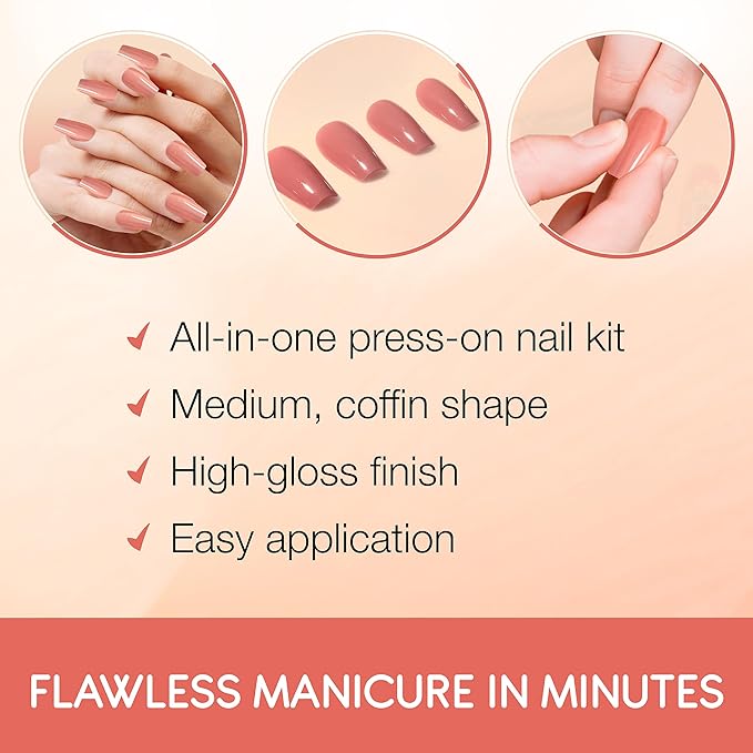 Ardell Nail Addict Naked Maven, Press On Nails, Medium Coffin Shape, Nail Kit, 1-Pack