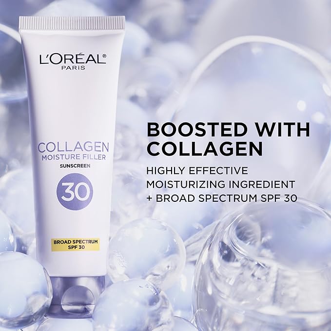 L'Oreal Paris Collagen Moisture Filler Face Cream with Broad Spectrum SPF 30, Anti-Aging Face Moisturizer and Daily Sunscreen For Face, Includes Face Serum Sample, Clear