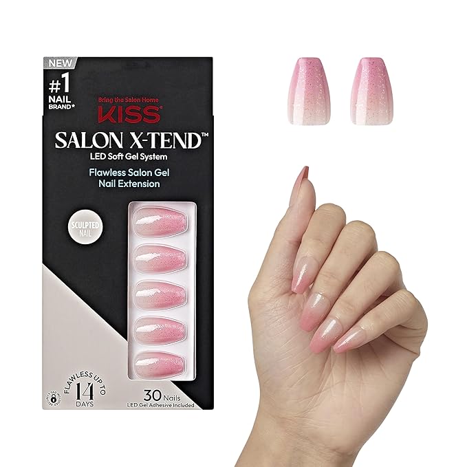 KISS Salon X-tend, Press-On Nails, Nail glue included, 'Detox', Medium Pink, Medium Size, Coffin Shape, Includes 30 Nails, 5Ml Led Soft Gel Adhesive, 1 Manicure Stick, 1 New Mini File, New Prep Pad