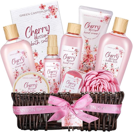 Green Canyon Spa Gift Baskets for Women Cherry Blossom Bath and Body Work Gift Set with Bubble Bath,Body Lotion Spa Gifts for Women Mothers Day Gifts for Mom