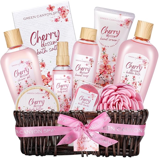 Green Canyon Spa Gift Baskets for Women Cherry Blossom Bath and Body Work Gift Set with Bubble Bath,Body Lotion Spa Gifts for Women Mothers Day Gifts for Mom