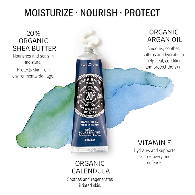 La Chatelaine 20% Shea Butter Hand Cream Travel Size, Men, Unisex, Organic Argan Oil, Moisturizing, Nourishing, Extra-Rich Hand Lotion, Made in France, Paraben Free, 1 oz / 30ml (Deep Blue Sea)