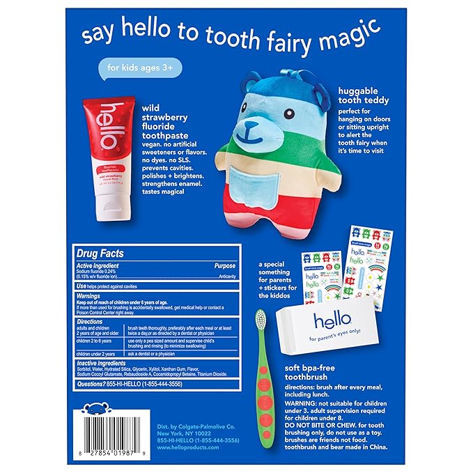 hello Tooth Fairy Kit with Tooth Fairy Door Hanger and Teddy Bear, Includes Full Size Fluoride Kids Strawberry Toothpaste and Kids Toothbrush, for Children Ages 3 and Up