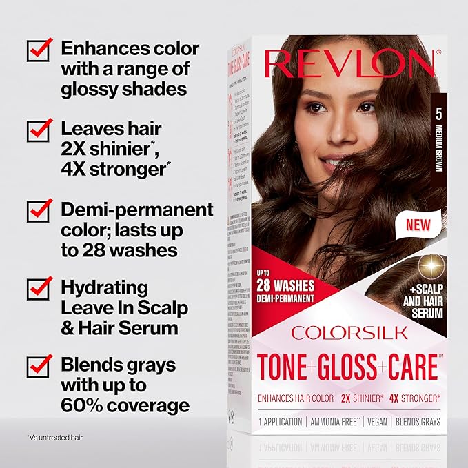 Revlon ColorSilk Tone + Gloss + Care Demi Permanent Hair Color, Dye Kit with Leave-In Scalp and Haircare Serum, 2x Shinier, 4x Stronger, 6G Light Golden Brown, 4.5 fl oz