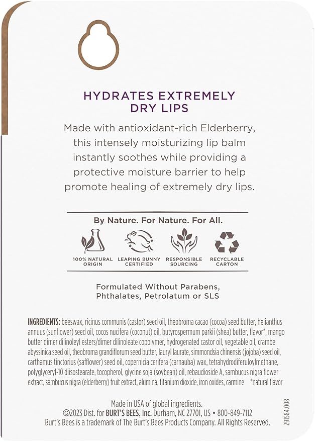 Burt's Bees Rescue Balm Elderberry Lip Balm, With Antioxidant-Rich Elderberry, Tint-Free, Natural Origin Lip Care, 2 Tubes, 0.15 oz.