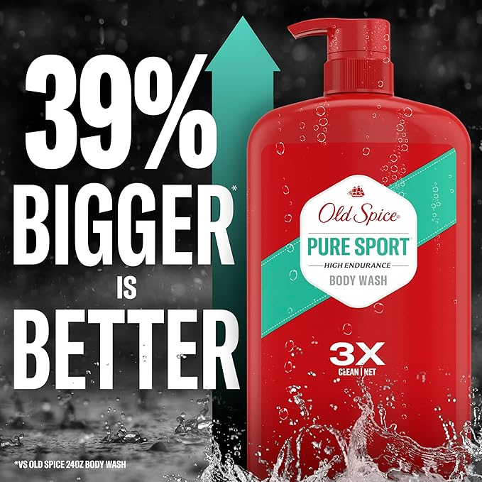 Old Spice Refreshing Body Wash for Men, High Endurance, 3X Defense, 24/7 Shower Fresh with Long Lasting Scent, Pure Sport Scent, 33.4 oz (Pack of 4)
