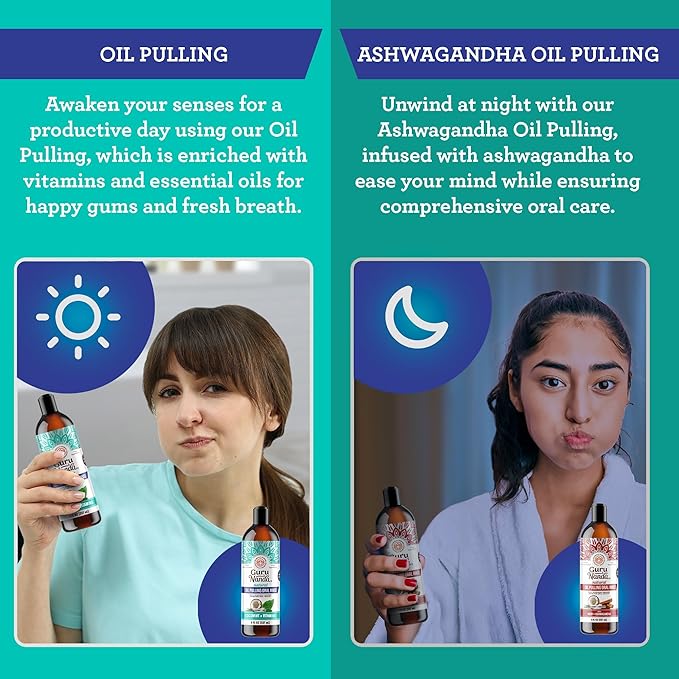GuruNanda CocoMint Oil Pulling Mouthwash for Complete Oral Hygiene, 7 Essential Oils & Vitamins for Happy Teeth & Gums & Fresh Breath, Alcohol-Free, 3X8 oz