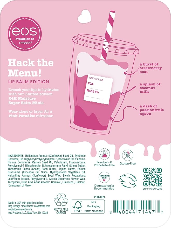 eos 24H Moisture Super Balms Minis- Pink Paradise, Limited-Edition, Nourishing, Dry Lips, Variety Pack, 0.169 fl oz, 3-Pack
