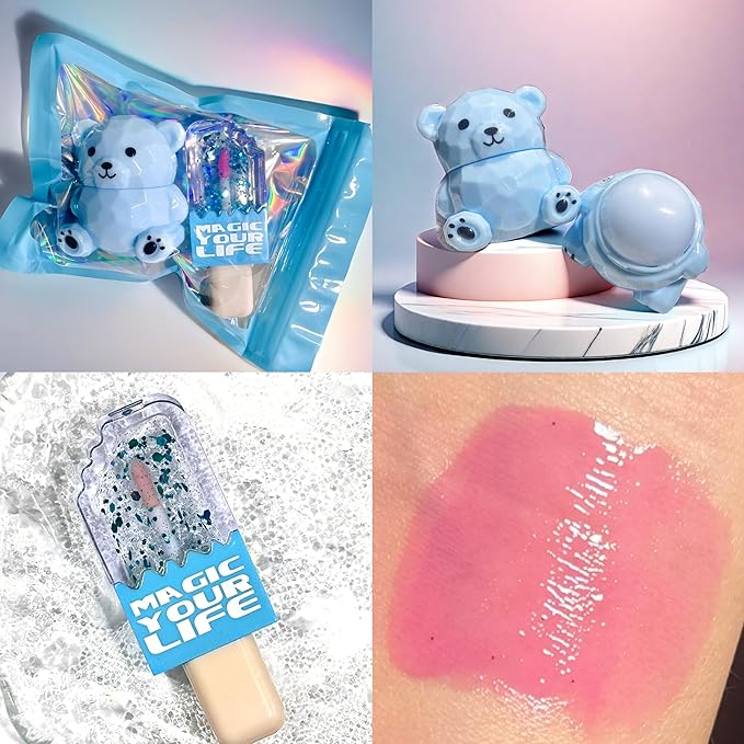 Bear Moisturizing Lip Balm & Lip Gloss Set - Oil Infused, Long-Lasting Lipstick & Gloss for Smooth Lips hydrating lip glow oil， Transparent Lip Oil Tinted, Reduce lip lines (Blue suit, 1)