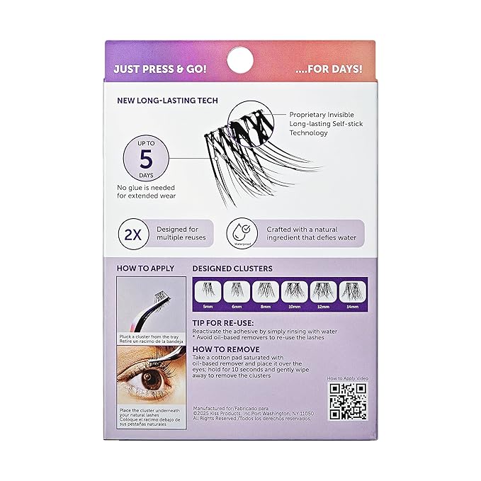 KISS imPRESS Falsies Long Lasting Self Adhesive Eyelashes, ‘Demi Natural’, 5 Day Extended Wear, 24 Natural Volume Lash Clusters (5,6,8,10,12, & 14mm), Precision Non-Stick Applicator