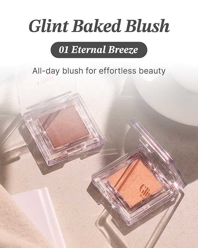 Glint Baked Blush (Eternal Breeze, 0.08oz) - Long-Lasting, All-Day Face Blush Powder for a Natural Look. Korean Skin Care, Korean Makeup. Blendable Color for Eyes, Cheeks & Body.