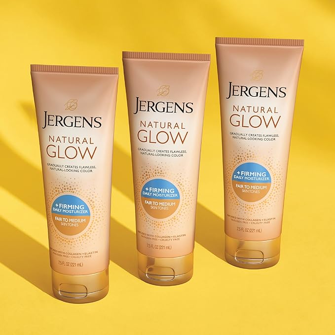 Jergens Natural Glow +FIRMING Self Tanner, Sunless Tanning Lotion for Fair to Medium Skin Tone, Anti Cellulite Firming Body Lotion for Natural-Looking Tan, 7.5 Ounce