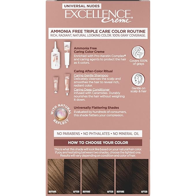 L’Oreal Paris Excellence Universal Nudes Permanent Hair Color, Ammonia Free Hair Dye for Gray Hair Coverage, 4N Natural Dark Brown, 1 Hair Dye Kit
