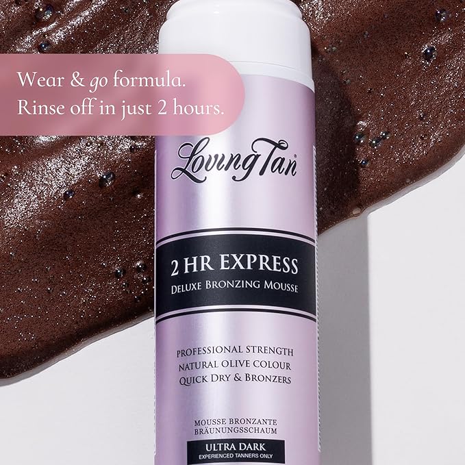 Loving Tan 2 HR Express Mousse, Ultra Dark- Streak Free, Natural looking, Professional Strength Sunless Tanner - Up to 5 Self Tan Applications per Bottle, Cruelty Free, Naturally Derived DHA - 4 FL Oz