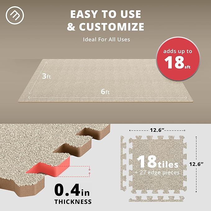 Gym Flooring Set - Interlocking EVA Soft Foam 18 Pieces