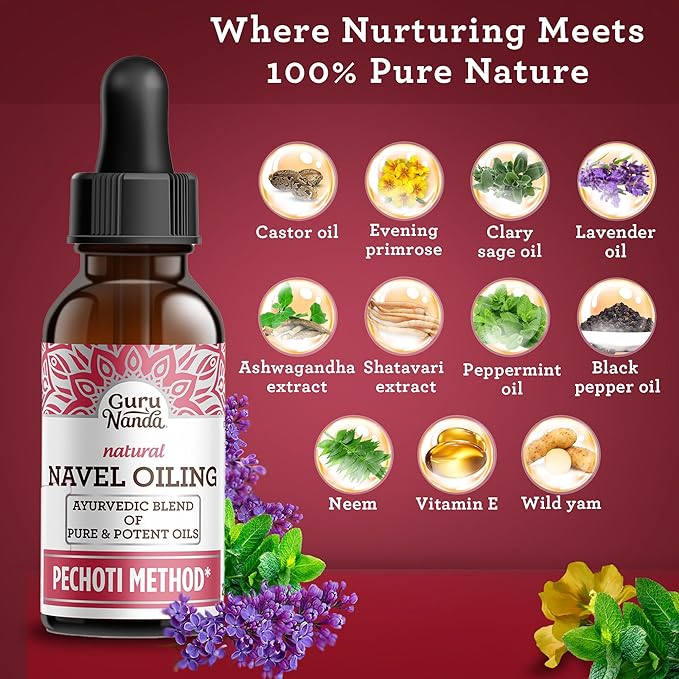 GuruNanda Navel Oiling – Ayurvedic Belly Button Oil with Castor, Neem & Vitamin E | Supports Digestion, Detox, Hydration & Stress Relief | 100% Natural & Pure | 2 fl oz