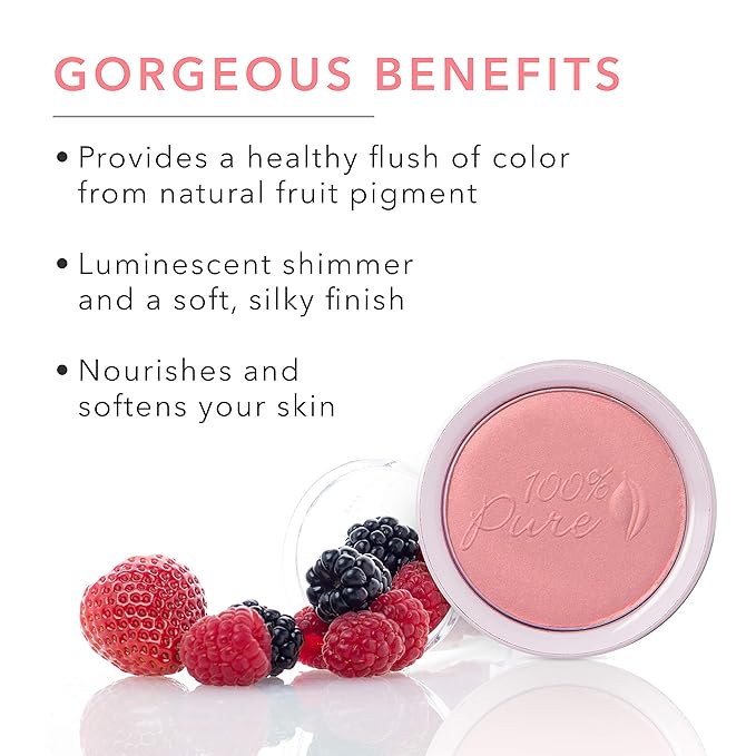 100% PURE Powder Blush (Fruit Pigmented), Chiffon, Soft Shimmery Finish, Nourishes Skin w/Rosehip Oil, Cocoa Butter, Natural Makeup (Soft Pink) - 1.81 oz