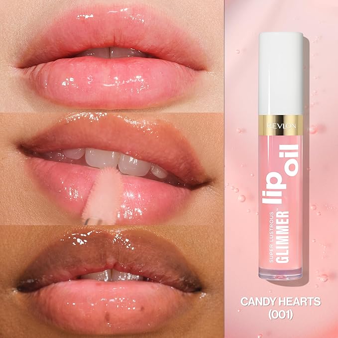 REVLON Super Lustrous Glimmer Lip Oil, Moisturizing & Tinted, Shiny Finish, Made with Plant-Based Squalane, 001 Candy Hearts, 0.13 fl oz