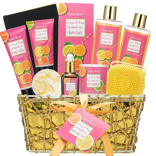Bath & Body Gift Set, Luxury Home Spa Bath Gift Basket Citrus & Pink Grapefruit Spa Kit Gift Woman, 11 Pcs Self Care Kit Gifts With Bubble Bath, Massage Oil, Bath Brush, Birthday Gifts for Women