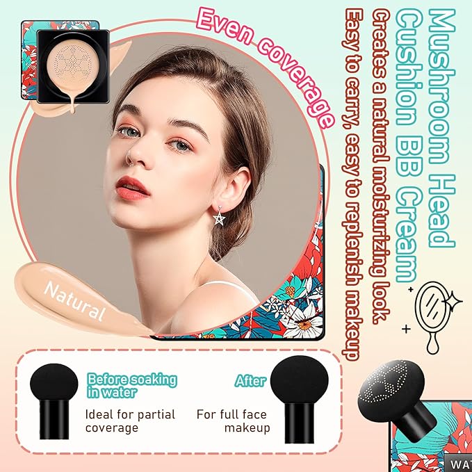 Mushroom Head Air Cushion CC Cream Foundation Set,Includes Makeup Sponge
