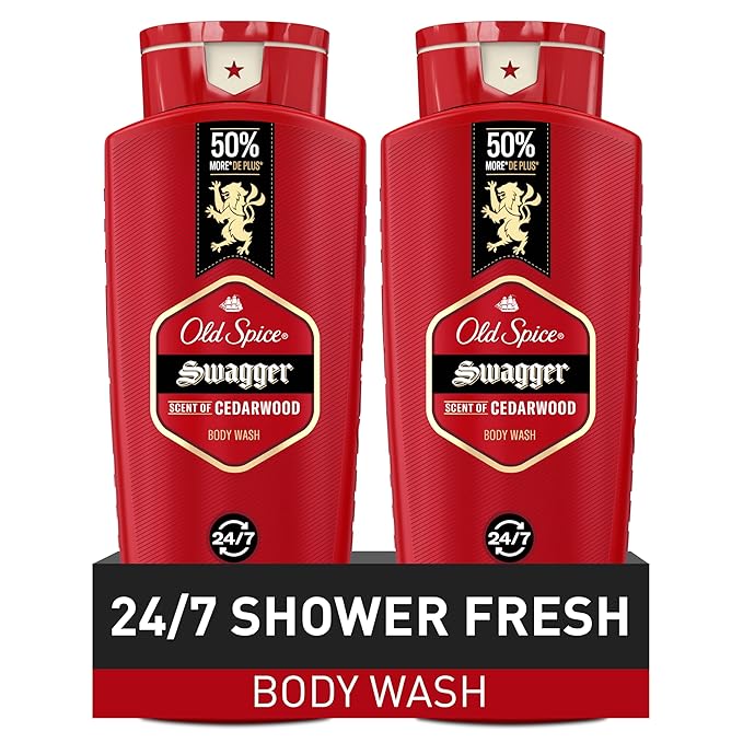 Old Spice Refreshing Body Wash for Men, 3X Defense, 24/7 Shower Fresh with Long Lasting Scent, Red Collection, Swagger with Cedarwood Scent, 24 oz (Pack of 2)
