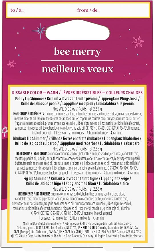 Burt's Bees Lip Shimmer Gift Set, Kissable Color, Warm Collection, 3-Pack, 0.09 oz.