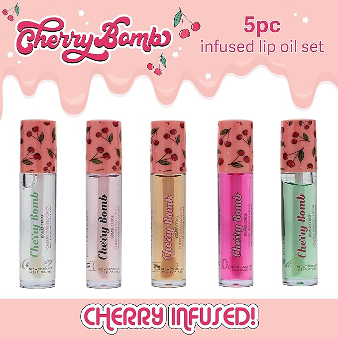 5pc Lip Oil Set - Cherry Bomb Lip Oils, Lip Healing Cherry Infused Lip Oil Collection with Precision Applicator Wand Everyday Lip Care and Lip Repair (CHERRY BOMB)