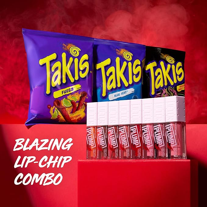 MAYBELLINE Lifter Plump Lip Gloss and Takis Chips, Chili Pepper Lip & Chip Combo, Fun Hot Bundle Includes 1 Lip Plumper in Hot Honey and 1 Bag of Takis Fuego Chips