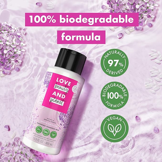 Love Beauty and Planet Shampoo Milk Moisture and Bounce for Waves and Curls Rice Oil and Angelica Essence 100 percent Biodegradable Shampoo 13.5 oz