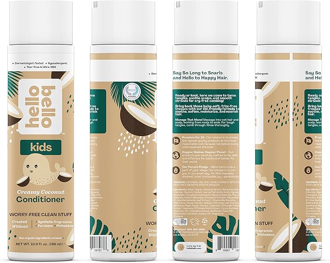 Hello Bello Kid's Conditioner - Hypoallergenic, pH-Balanced & Dermatologist-Tested - Thoughtful Ingredients - Coconut, 10 Fl Oz (2 Pack)