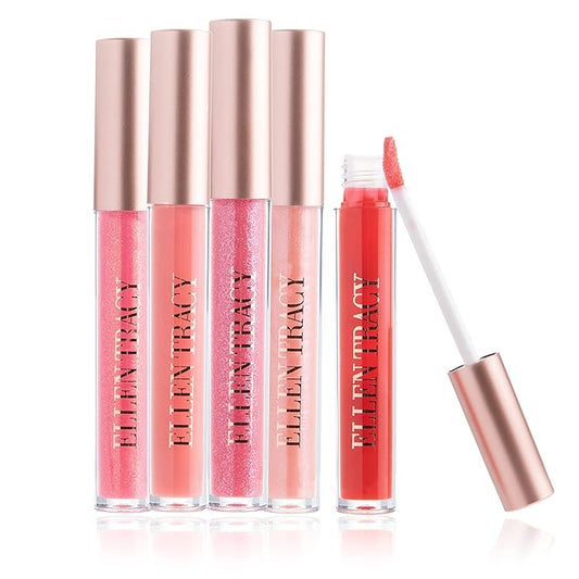 Enchante Ellen Tracy Lip Gloss Collection, Shimmery Lip Glosses for Women and Girls, Long Lasting Lip Gloss Set with Rich Varied Colors, Bold to Neutral (5 Pieces)