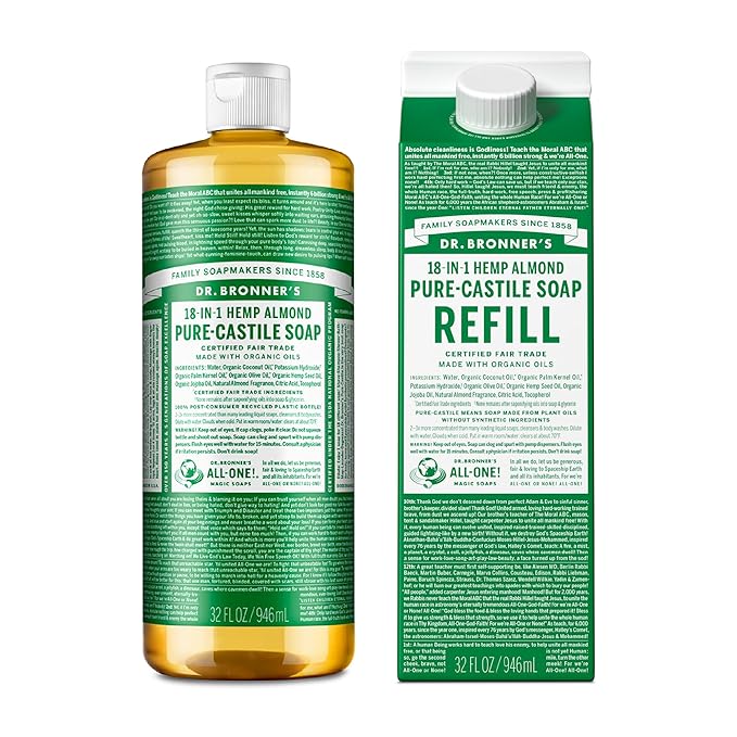 Dr. Bronner's - Pure-Castile Liquid Soap Bottle & Refill Carton Made with 82% Less Plastic (Almond, 32 oz) - Face, Body, Hair, Laundry, Dishes & More, Super-Concentrated, Organic, Vegan, Non-GMO