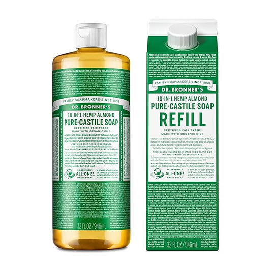 Dr. Bronner's - Pure-Castile Liquid Soap Bottle & Refill Carton Made with 82% Less Plastic (Almond, 32 oz) - Face, Body, Hair, Laundry, Dishes & More, Super-Concentrated, Organic, Vegan, Non-GMO