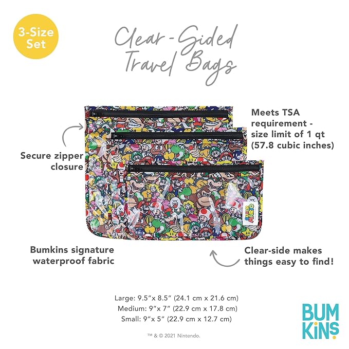 Bumkins Travel Bag, Toiletry, TSA Approved Pouch, Zip Bag, Quart Size Airline Compliant, Clear-Sided, Baby, Diaper Bag Organization, Makeup, Accessories, Packing, Set of 3 Sizes, Nintendo Super Mario