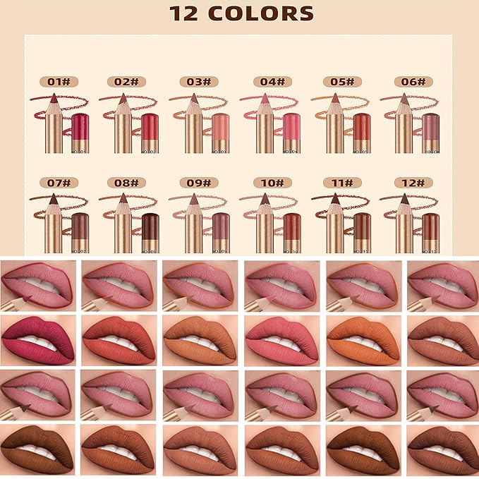12 Colors Lip Liner Set, Brown Pink Red Smudge