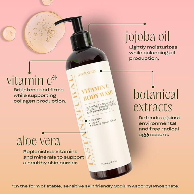 InstaNatural Vitamin C Body Wash, Moisturizing Shower Gel Cleanser for Women & Men, Deeply Cleanses & Balances, Brightens, Tones & Tightens, with Aloe Vera & Jojoba Oil, 12 Fl Oz