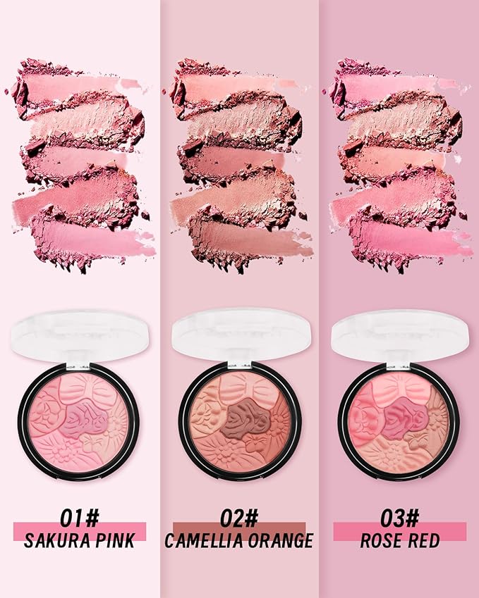 Flower Blush for Cheeks, Matte Shimmer Face Blush Powder,Contour Multiuse Facial Make up Palette,Longlasting Waterproof Embossed Blusher,Mother's Day Makeup Gift for Women-02#Camellia Orange