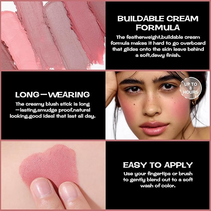 FOCALLURE Cream Blush Makeup,Buildable Blush Stick for Cheeks,Matte Stick,ROSE FLUSH