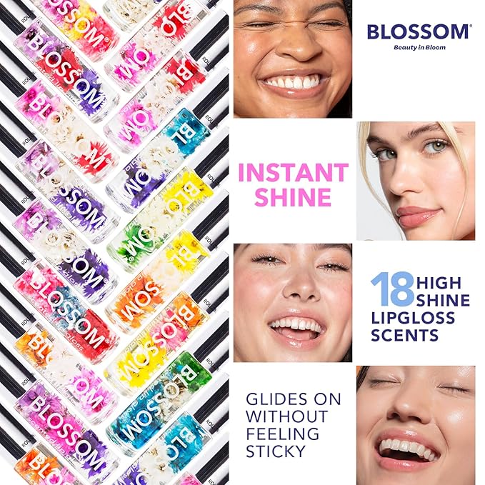 Blossom Roll on Lip Gloss, Scented Clear High Shine Moisturizing Lip Oil, Non Sticky, Infused with Real Flowers, Made in USA, 0.2oz, Strawberry Rainbow