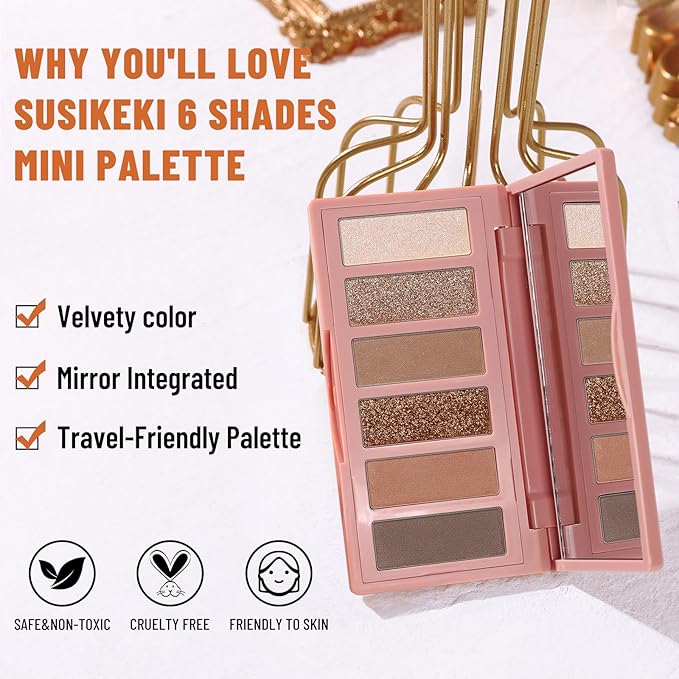 6 Colors Mini Naked Eyeshadow Makeup Palette Caramel & Bronzed Neutral Tone Eye Shadow Matte & Shimmer Nude Make Up Pallet with Mirror Blendable Highly Pigmented Travel Size Gift Kit 05