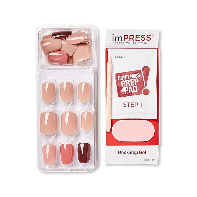 KISS imPRESS No Glue Mani Press On Nails, Design, 'Before Sunset', Multicolor, Short Size, Squoval Shape, Includes 30 Nails, Prep Pad, Instructions Sheet, 1 Manicure Stick, 1 Mini File