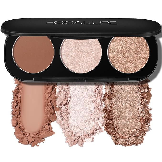 FOCALLURE Blush and Highlighter Palette,3 in 1 Makeup Powder Cruelty-Free Matte Blush,Shimmer Illuminator Highlighters for a Glowing Look,#02