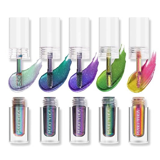MAKI YIKA 5Pc Glitter Eyeshadow Liquid Multichrome Eyeshadows Long Lasting, Metallic Chameleon Eye Shadow Smudgeproof Holographic Eye Topper Glitters (#1+2+3+5+6)