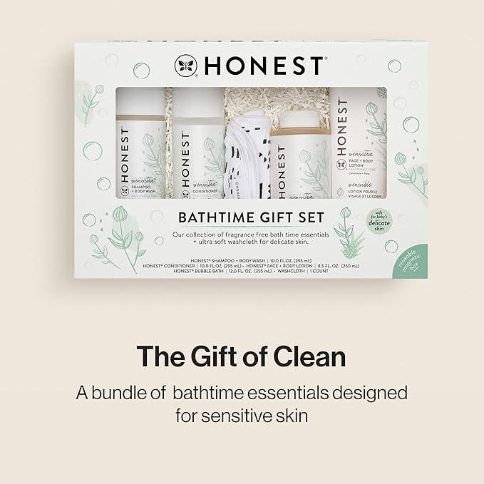 The Honest Company Fragrance Free Bathtime Gift Set | Hypoallergenic Bath Essentials for Sensitive Skin | Shampoo + Body Wash, Face + Body Lotion, Bubble Bath, Conditioner, Wash Cloth