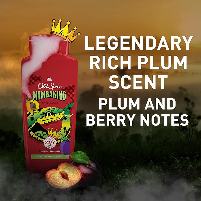 Old Spice Cleansing Body Wash for Men, 3X Defense, 24/7 Shower Fresh with Lasting Scent, 2-in-1 Body & Face Wash, MambaKing with Rich Plum Scent, 24 oz (Pack of 4)