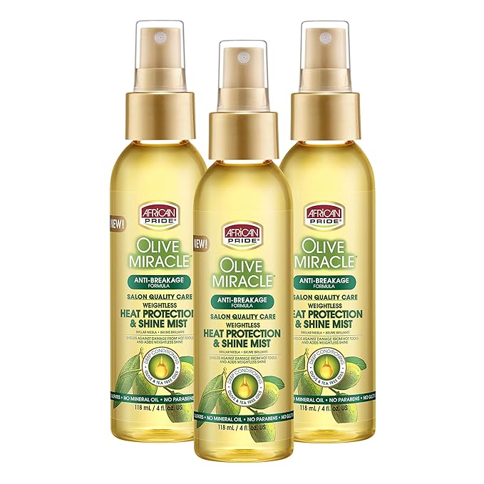 African Pride Olive Miracle Weightless Heat Protection & Hair Shine Mist (3 Pack), Fights Humidity & Shields Against Heat Damage, Enriched with Olive & Tea Tree Oils, 4 oz