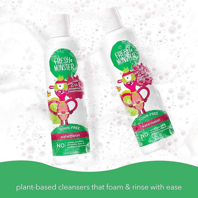 Fresh Monster 2-in-1 Kids Shampoo & Conditioner, Toxin-Free, Hypoallergenic, Tear-free Shampoo & Conditioner for Kids, Watermelon (2 Pack, 8.5oz/each)